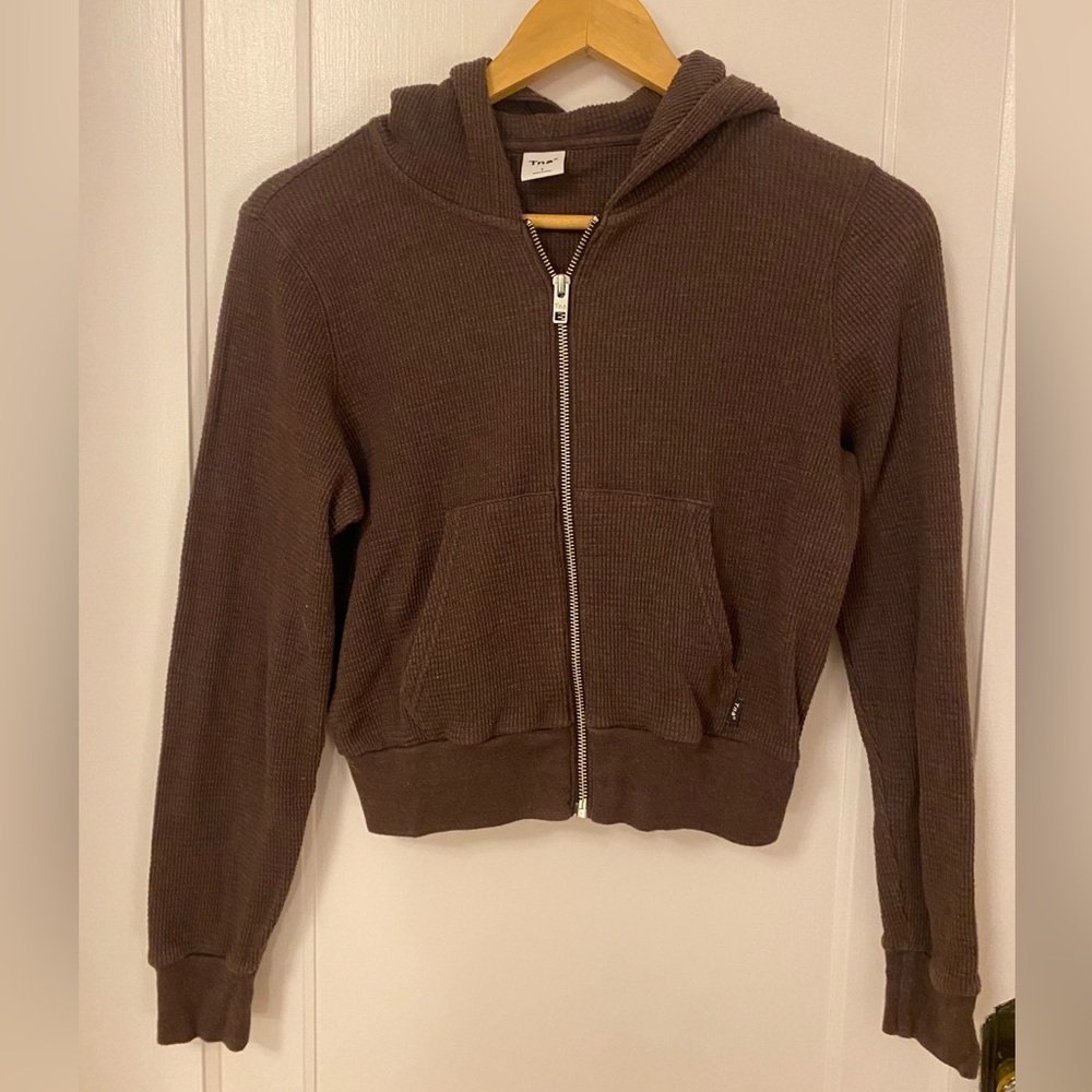 TNA Chocolate Brown Zip Up Hoodie Waffle Fabric Aritzia NWOT Size S